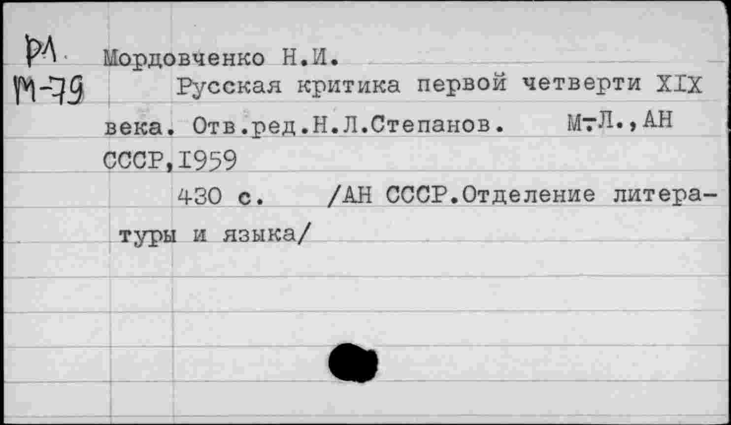 ﻿Мордовченко Н.И.
Русская критика первой четверти XIX века. Отв.ред.Н.Л.Степанов.	Мт^.,АН
СССР,1959
430 с. /АН СССР.Отделение литера туры и языка/